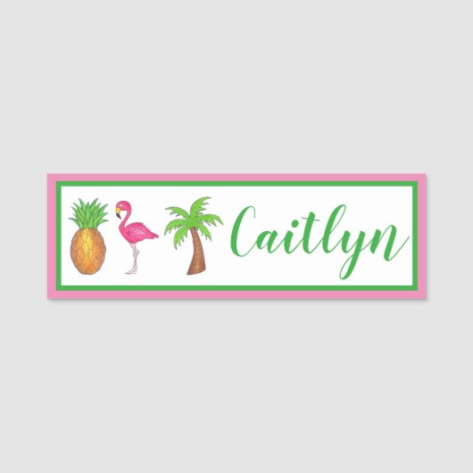 Celebrate Birthday Flamingo Palm Tree Ananas Namensschild (Vorderseite)