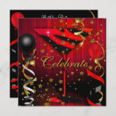 Celebrate Birthday Party Black Red Stars Einladung (Vorne/Hinten)