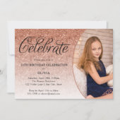 Celebrate Extravagant Script Rose Gold Glitzer Fot Einladung (Vorderseite)