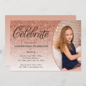 Celebrate Extravagant Script Rose Gold Glitzer Fot Einladung (Vorne/Hinten)