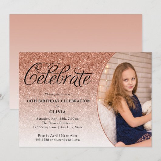 Celebrate Extravagant Script Rose Gold Glitzer Fot Einladung (Vorne/Hinten)