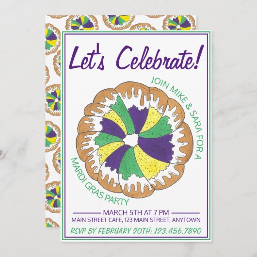 Celebrate Mardi Gras Carnival Party King Cake Einladung (Vorne/Hinten)