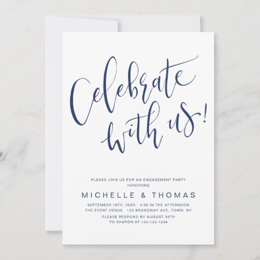 Celebrate mit US Script Navy Blue Modern einfach Einladung (Vorderseite)
