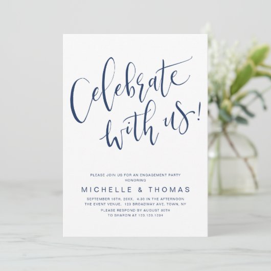 Celebrate mit US Script Navy Blue Modern einfach Einladung (Stehend Vorderseite)