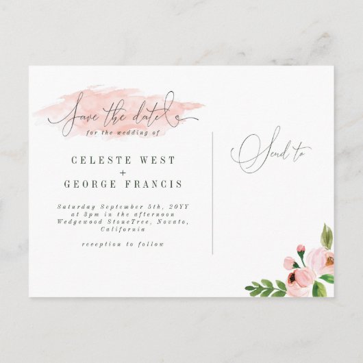 CELEBRATE WATERCOLOR SAVE THE DATE POSTCARD ANKÜNDIGUNGSPOSTKARTE (Rückseite)