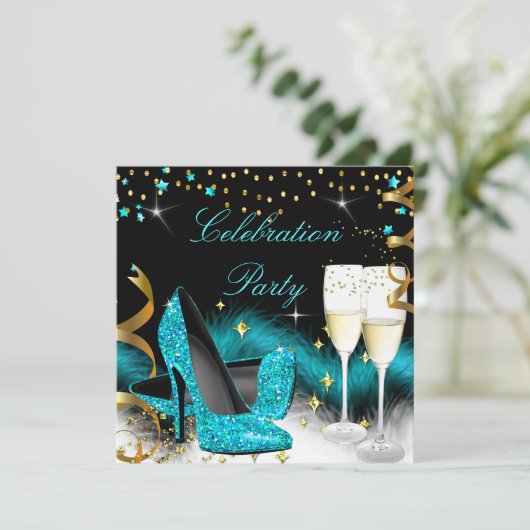 Celebration Champagne Party Aquamarin Blue High He Einladung (Stehend Vorderseite)