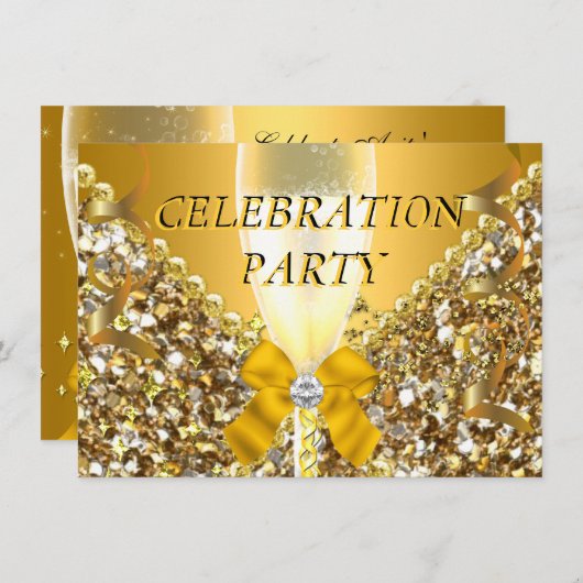 CELEBRATION Glitzer Gold Silver Champagne Party Einladung (Vorne/Hinten)