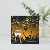 Celebration Gold Champagne Birthday Dance Party Einladung (Stehend Vorderseite)