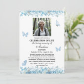 Celebration Of Life 1 Photo Funeral Blue Floral Einladung (Stehend Vorderseite)
