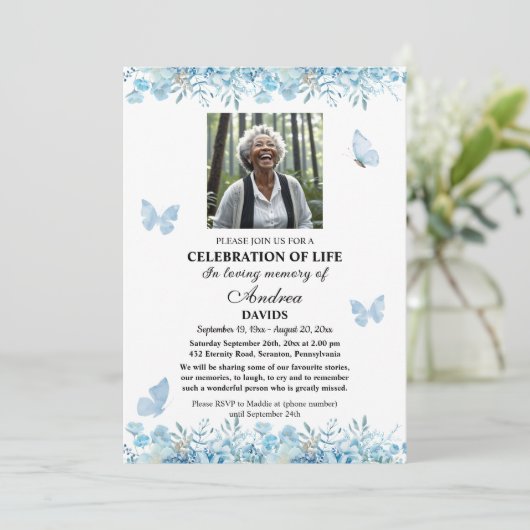 Celebration Of Life 1 Photo Funeral Blue Floral Einladung (Stehend Vorderseite)