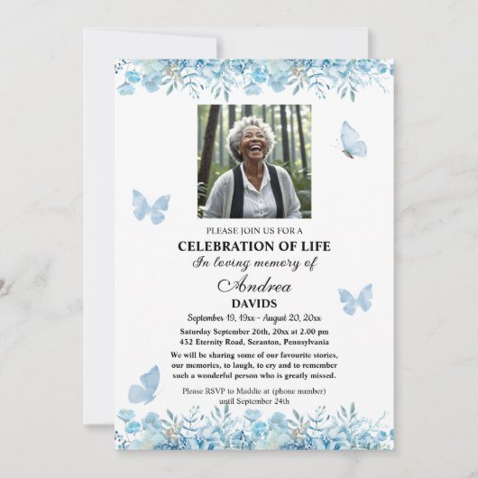 Celebration Of Life 2 Photos Funeral Blue Floral Einladung (Vorderseite)