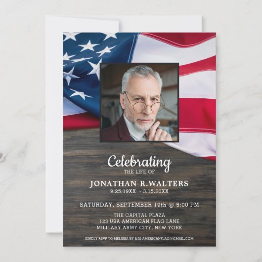 Celebration of Life American Flag Patriotic Foto Einladung (Vorderseite)