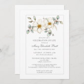 Celebration of Life Funeral Memorial White Floral Einladung (Vorne/Hinten)