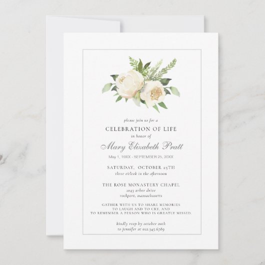 Celebration of Life Funeral Memorial White Floral Einladung (Vorderseite)