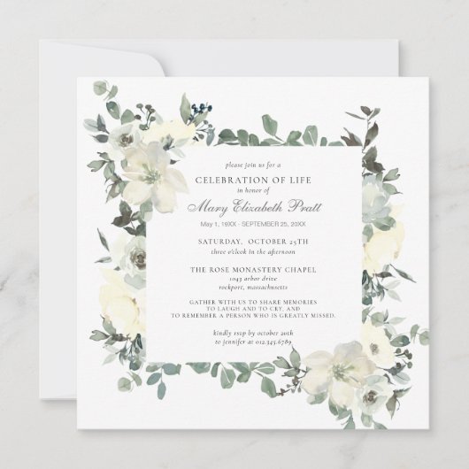 Celebration of Life Funeral Memorial White Floral Einladung (Vorderseite)