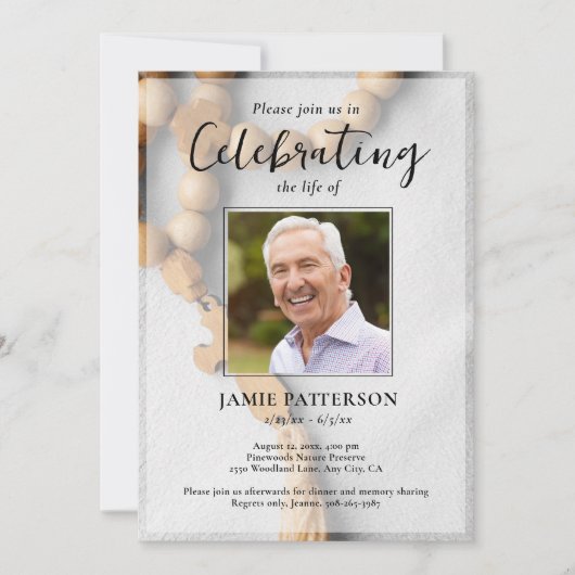 Celebration of Life Funeral Photo Rosary Beads Einladung (Vorderseite)