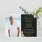 Celebration of Life Greenery Photo Black And Gold Einladung (Stehend Vorderseite)