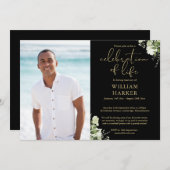 Celebration of Life Greenery Photo Black And Gold Einladung (Vorne/Hinten)