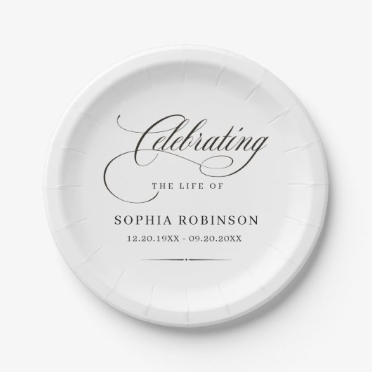 Celebration of Life Modern Elegant Script Funeral Pappteller (Vorderseite)