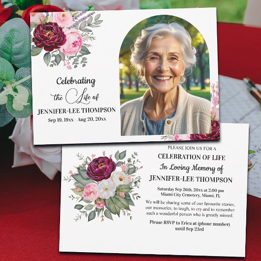 Celebration Of Life Peonies Photo Funeral Einladung
