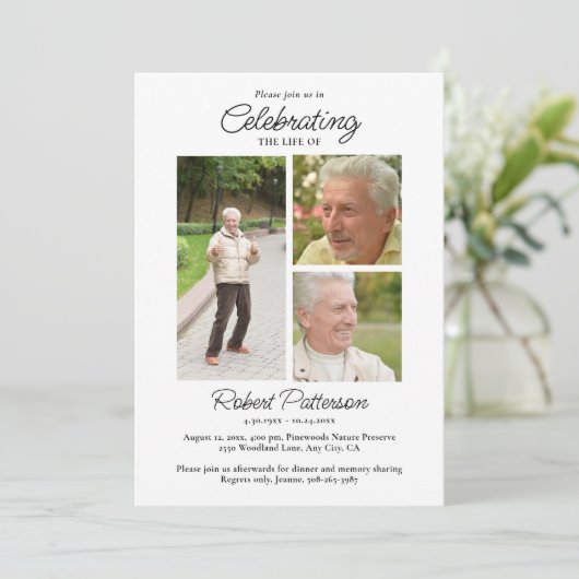 Celebration of Life Photos, Memorial Simple White Einladung (Stehend Vorderseite)