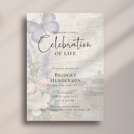 Celebration of Life Purple Butterfly Peony Funeral Einladung