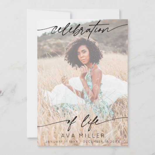 Celebration of Life Script Funeral Photo | White Dankeskarte (Vorderseite)