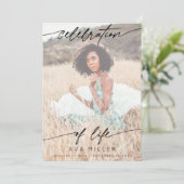 Celebration of Life Script Funeral Photo | White Dankeskarte (Stehend Vorderseite)