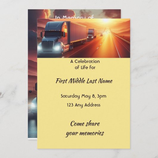 Celebration of Life Semi-Truck Tractor-trailer Einladung (Vorne/Hinten)