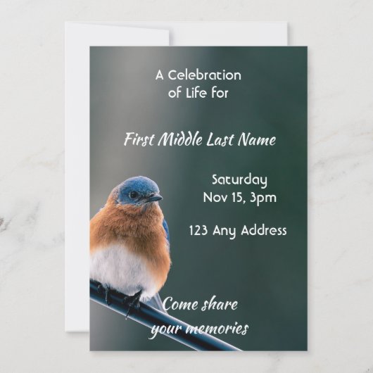 Celebration of Life Service Bluebird Garden Bird  Einladung (Rückseite)