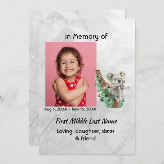 Celebration of Life Service Cute Koala Bear Kids Einladung (Vorne/Hinten)