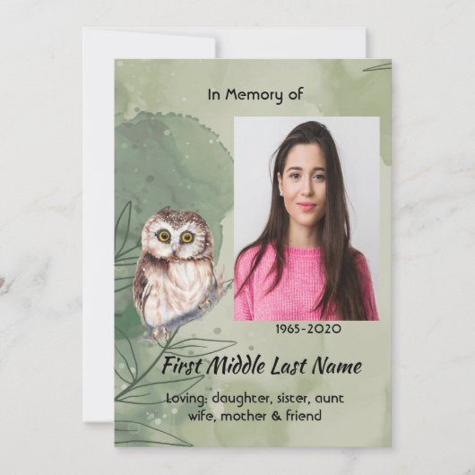 Celebration of Life Service Cute Owl Bird Save The Date (Vorderseite)