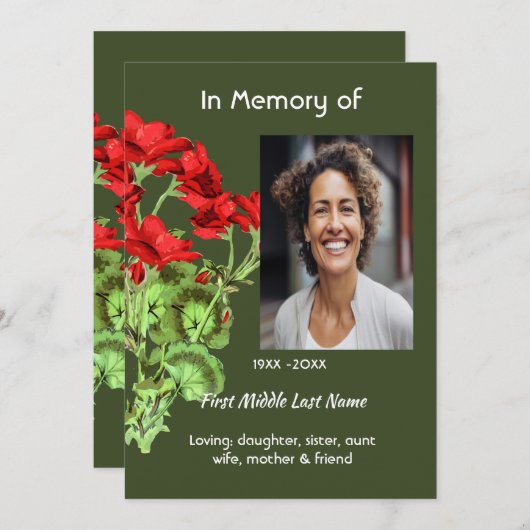 Celebration of Life Service Geranium Flower Einladung (Vorne/Hinten)