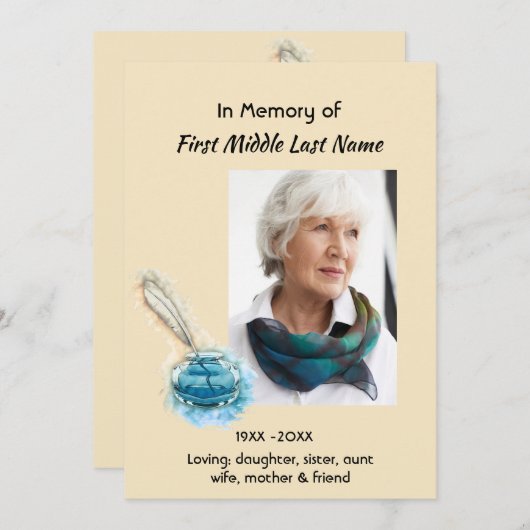 Celebration of Life Service Invite Feather Pen art Einladung (Vorne/Hinten)