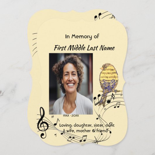 Celebration of Life Service Invite Music Bird Einladung (Vorne/Hinten)