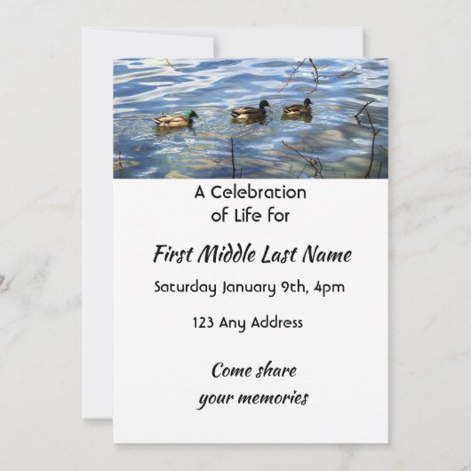 Celebration of Life Service, Lake Ducks Birds Einladung (Rückseite)