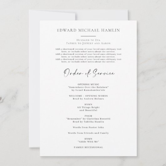 Celebration of Life Service Memorial Program Einladung (Rückseite)