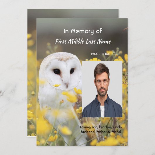 Celebration of Life Service Photo Barn Owl Bird Einladung (Vorne/Hinten)