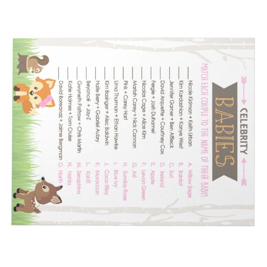 Celebrity Babies Pink Woodland Baby Showspiel Notizblock (Vorderseite)