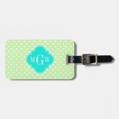 Celery Polka Dot Aqua Quatrefoil 3 Monogramm Gepäckanhänger (Vorderseite horizontal)