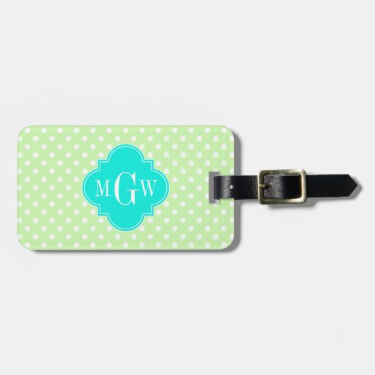 Celery Polka Dot Aqua Quatrefoil 3 Monogramm Gepäckanhänger (Vorderseite horizontal)