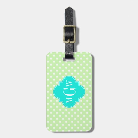 Celery Polka Dot Aqua Quatrefoil 3 Monogramm Gepäckanhänger (Vorderseite vertikal)