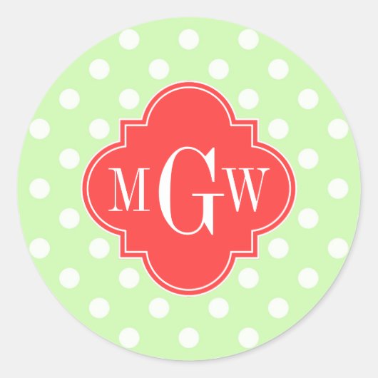 Celery Polka Dot Coral Red Quatrefoil 3 Monogramm Runder Aufkleber (Vorderseite)
