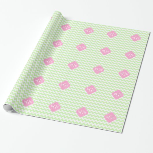 Celery What Chevron Pink Quatrefolie 3 Monogramm Geschenkpapier (Ungerollt)