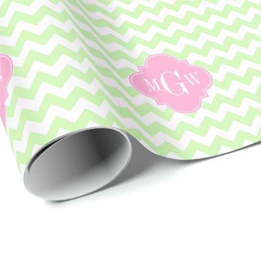 Celery What Chevron Pink Quatrefolie 3 Monogramm Geschenkpapier (Rolleneckpunkt)