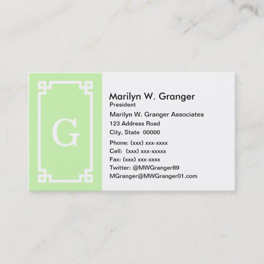 Celery White Greek Key Frame #2 Initial Monogram Visitenkarte (Vorderseite)