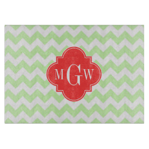 Celery Wihte Chevron Coral Quatrefolie 3 Monogramm Schneidebrett