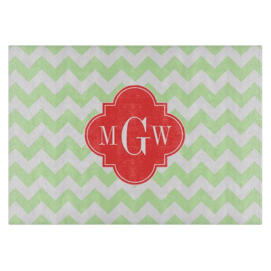 Celery Wihte Chevron Coral Quatrefolie 3 Monogramm Schneidebrett (Vorderseite)