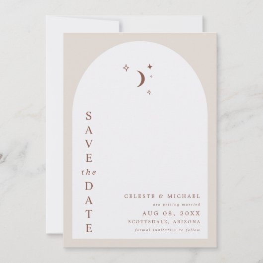 CELESTE Boho Moon & Stars Terracotta Save the Date Einladung (Vorderseite)