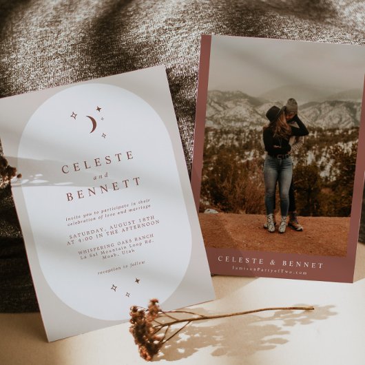 CELESTE Boho Moon & Stars Terracotta Wedding Einladung